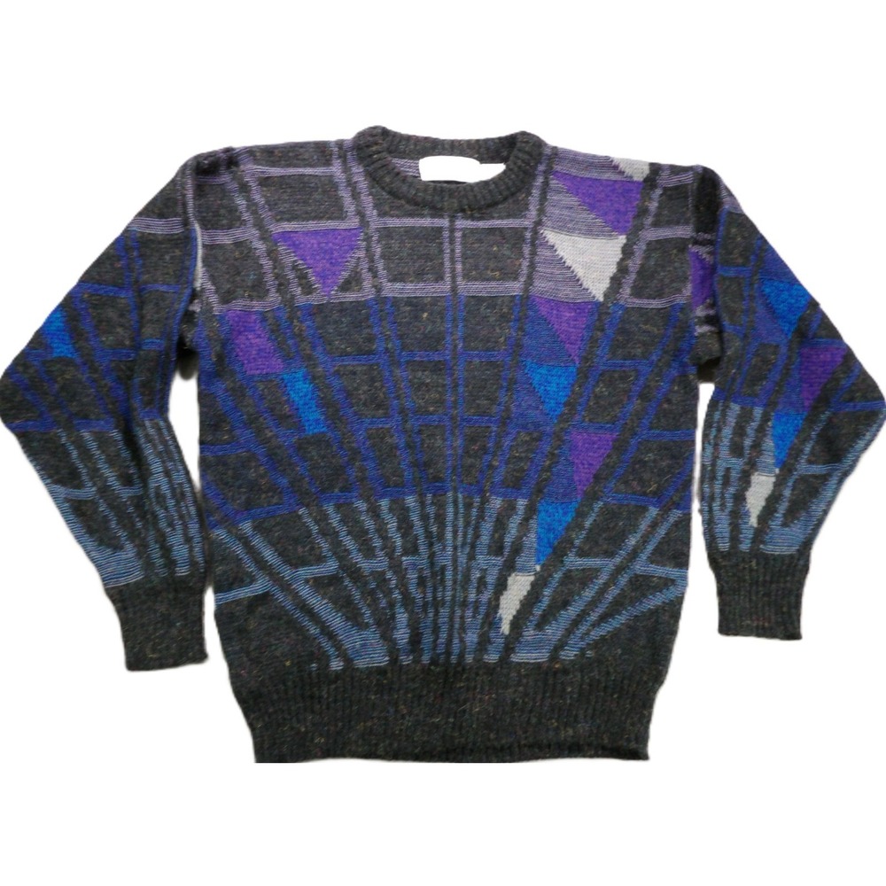 VTG Michael Gerald Sweater Geometric Knit Acrylic Winter Men M Pullover Gray 90s